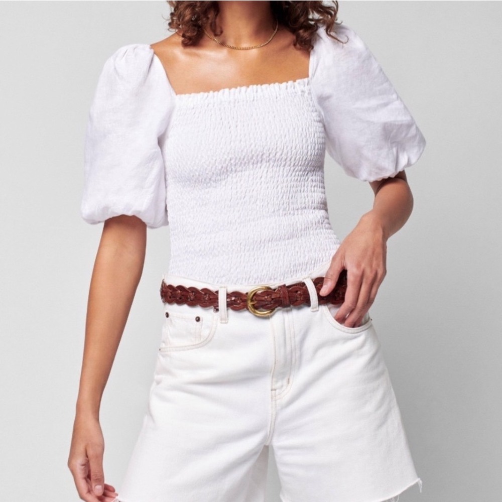 Faherty White 100% Linen Smocked Puff Sleeve Crop Top Square Neck Large